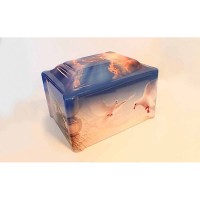 Marble Vinyl-Wrapped Urn/Vault - Christian/Catholic theme - Rosary, Doves, Jesus Footprints