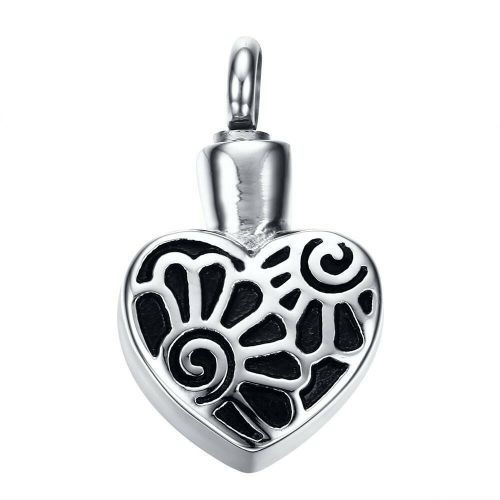 Stainless Steel Cremation Urn Pendant w/ Chain - Heart - Flowers -  - J-021