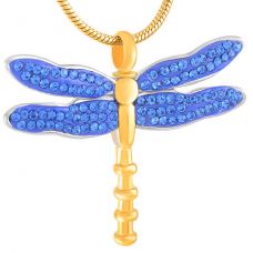 Blue Stainless Steel Urn Gold and Blue Dragonfly Pendant Chain