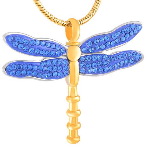 Blue Stainless Steel Urn Gold and Blue Dragonfly Pendant Chain -  - J-7149-Blue
