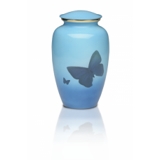 Classic Brass Cremation Urn in Blue w/ Butterflies - Adult