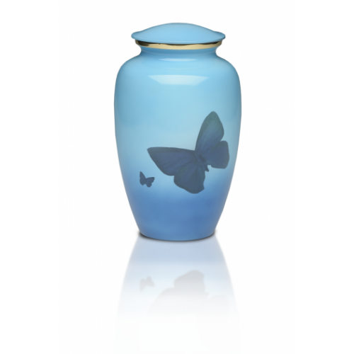 Classic Brass Cremation Urn in Blue w/ Butterflies - Adult -  - B-2065-A
