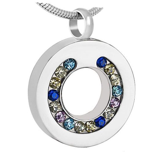 Stainless Steel Cremation Urn Pendant - Circle w/ Colorful Stones -  - J-1012