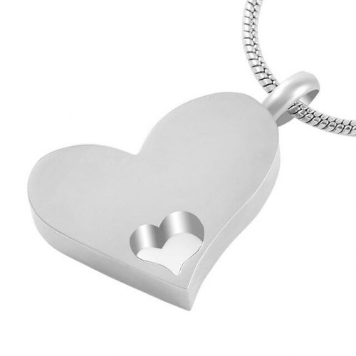 Stainless Steel Cremation Urn Pendant w/ Chain - Heart w/ Little Heart -  - J-1292