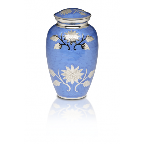 Cornflower Blue Brass Cremation Urn w/ Flowers - Adult -  - B-1500-A-B