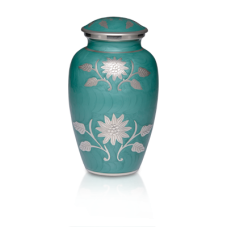 Green Colored Cremation Urn w/ Flowers - Adult