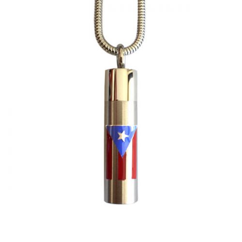 Stainless Steel Cremation Urn Pendant Chain Cylinder Puerto Rican Flag -  - J-CYL-PRF