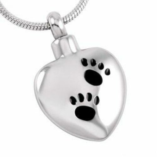Stainless Steel Cremation Urn Pendant Chain - Heart - Two Paw Prints -  - J-369