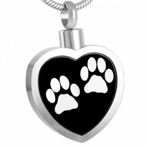 Stainless Steel Cremation Urn Pendant Chain Heart Two White Paw Prints -  - J-027-W