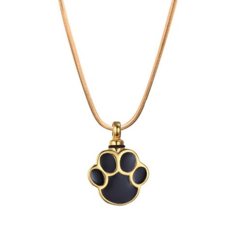 Stainless Steel Cremation Urn Pendant Chain - Paw Print Black & Gold -  - J-620