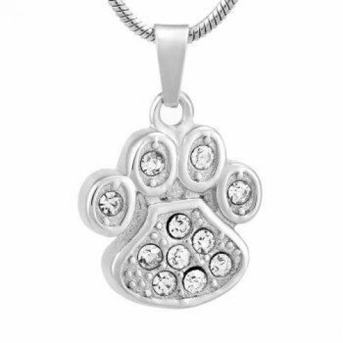Stainless Steel Cremation Urn Pendant Chain - Paw Print Clear Stones -  - J-756