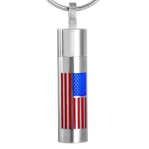 Stainless Steel Cremation Urn Pendant w/ Chain - Cylinder - USA Flag -  - J-1776