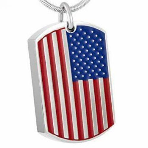 Stainless Steel Cremation Urn Pendant w/ Chain - Dog Tag - USA Flag -  - J-471