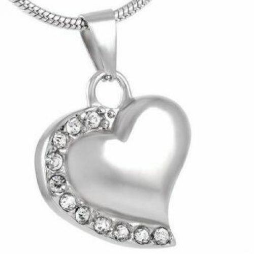 Stainless Steel Cremation Urn Pendant w/ Chain - Heart - Clear Stones -  - J-077-Clear