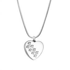 Stainless Steel Cremation Urn Pendant w/ Chain - Heart - Paw Prints