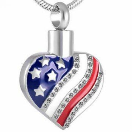 Stainless Steel Cremation Urn Pendant w/ Chain - Heart w/ USA Flag -  - J-142-S