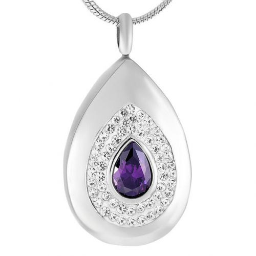 Stainless Steel Cremation Urn Pendant - Teardrop w/ Colorful Stones -  - J-392-Amethyst