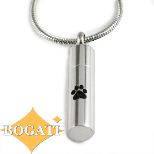 Stainless Steel Cremation Urn Pendant Chain Cylinder Single Paw Print -  - J-016