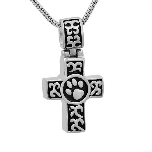 Stainless Steel Cremation Urn Pendant w/ Chain - Cross and Paw Print -  - J-786