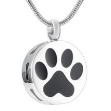 Stainless Steel Cremation Urn Pendant Chain Circle Paw Print and Bones