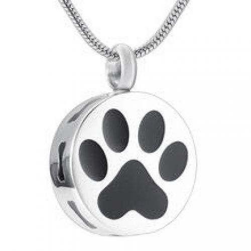Stainless Steel Cremation Urn Pendant Chain Circle Paw Print and Bones -  - J-400