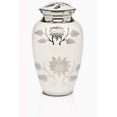 White Colored Cremation Urn w/ Flowers - Adult - B-1500-A-W -  - B-1500-A-W