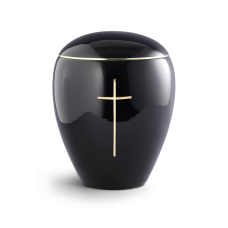 Victory Cremation  Urn - Black ceramic with Brass Gold Cross