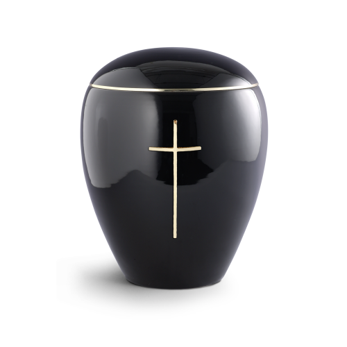 Victory Cremation  Urn - Black ceramic with Brass Gold Cross