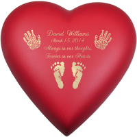 Baby Urn: Brass Heart Scarlet- Actual Hands or Feet Prints Option