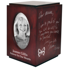 Cherry Finish Wood Urn with Oval Photo Frame- Your Handwriting Urn