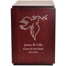 Classic Cherry Finish Wood Urn with Engraved Dove
