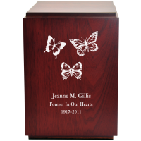 Classic Cherry Finish Wood Urn with Engraved Butterflies