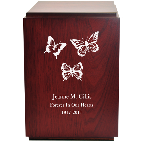 Classic Cherry Finish Wood Urn with Engraved Butterflies -  - M-005 cherry-3butterflies