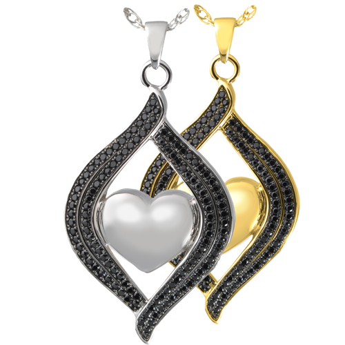 Cremation Jewelry: Teardrop Ribbon Heart Midnight Stones Pendant -  - 3320 black stones