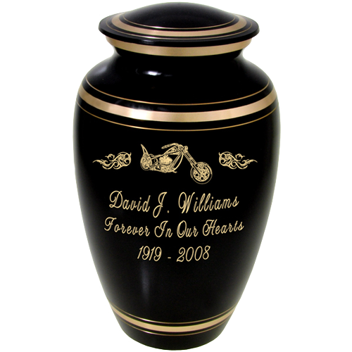 Cremation Urns: Black Gold Urn with Motorcycle and Flames -  - 8061A motorcycle and flames