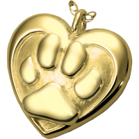 Gold Pet Cremation Jewelry: Double Heart Paw Print Pendant