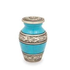 Turquoise and Blue Streaked Keepsake Cremation Urn with Floral Band