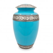 Turquoise and Blue Streaked Cremation Urn with Floral Band