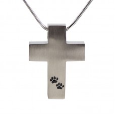 Paw Print Cross Cremation Urn Necklace - Pewter