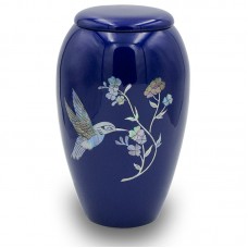Navy Blue Mother of Pearl Hummingbird Cremation Urn - Large