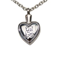 Teddy Bear Heart Cremation Urn Pendant - Stainless Steel