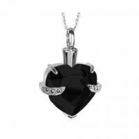 Black Crystal Heart Silver Pendant Cremation Chamber Jewelry Necklace
