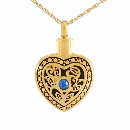 Blue Crystal Floral Gold Heart Keepsake Pendant Cremation Jewelry -  - 21056