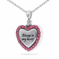 Heart With Pink Stones Steel Cremation Keepsake Necklace