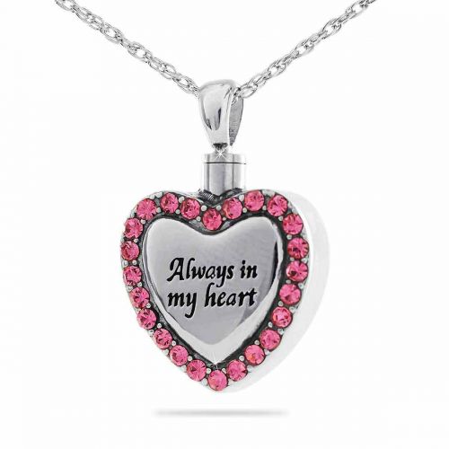 Heart With Pink Stones Steel Cremation Keepsake Necklace -  - 77036
