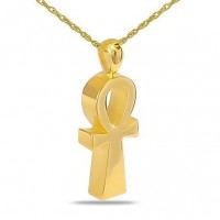 Ankh Cross Gold Steel Cremation Chamber Pendant Necklace