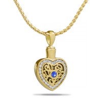 Crystal Heart Gold Steel Cremation Chamber Pendant Necklace