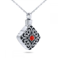 Detailed Red Crystal Silver Cremation Chamber Pendant Necklace