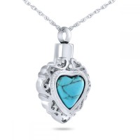 Turquoise Heart Stone Silver Pendant Cremation Urn