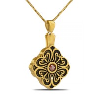 Detailed Red Crystal Gold Cremation Chamber Pendant Necklace